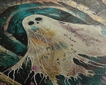 Carregar imagem no visualizador da galeria, Ghostly Figure in Ancient Ruins Framed Canvas Print, Haunted Ruins Decor, Halloween Ghost Art, Eerie Ghostly Wall Art, Spooky Ghost Print