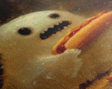 Cargar imagen en el visor de la galería, CHOMP! Cute Lil Ghost Eatin' a Dog, The Hot Dog Ghost, Haunted Hot Dog Thief, Framed Canvas Print, Halloween Art