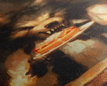 Load image into Gallery viewer, Halloween Werewolf Eating Hotdog, Framed Canvas Print, Wall Art, Spooky Artwork, Fantasy Decor, Halloween Decor, Whimsical Funny Halloween