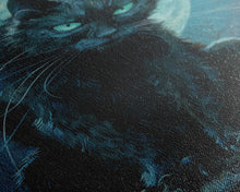 Load image into Gallery viewer, Black Cat with Piercing Eyes Against Full Moon | Halloween Wall Art | Spooky Home Decor | Creepy Black Cat Painting | Framed Canvas Print