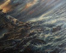 Load image into Gallery viewer, Eerie Castle on Cliff, Halloween Art Print, Spooky Home Decor, Framed Canvas Print, Creepy Art, Halloween Wall Decor, Seasonal Wall Art