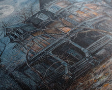 Carregar imagem no visualizador da galeria, Abandoned House Under Moon Full Halloween Art, Spooky Mansion, Haunted Home, Creepy Decor, Gothic Artwork, Framed Canvas Print