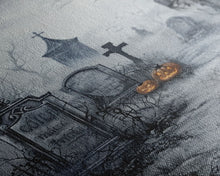 Load image into Gallery viewer, Eerie Graveyard with Pumpkins Framed Canvas Print, Halloween Wall Art, Spooky Cemetery, Home Decor, Gothic Artwork, Living Room Art, Creepy