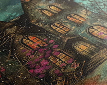 Load image into Gallery viewer, Enchanted Gothic House Framed Canvas Print, Halloween Wall Art, Spooky Art, Home Decor, Living Room Decor, Gothic Artwork, Haunted House