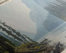 Load image into Gallery viewer, Bowman Lake Montana Framed Canvas Print, Panoramic Lake House Decor, Wall Art, Travel Poster, Rustic Lake Painting, Nature Art