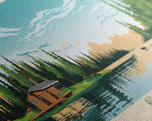 Load image into Gallery viewer, Aylmer Lake Northwest Territories Framed Canvas Print, Panoramic Travel Poster, Midcentury Modern Wall Art, Pop Art, Lake House Decor