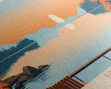 Load image into Gallery viewer, Bantam Lake Connecticut Framed Canvas Print, Panoramic Wall Art, Midcentury Modern, Pop Art, Travel Poster, Scenic Living Room Art