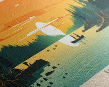 Load image into Gallery viewer, Basin Lake Saskatchewan Framed Canvas Print, Panoramic Wall Art, Midcentury Modern Lake House Decor, Pop Art, Travel Poster, Scenic Living Room Art