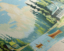 Load image into Gallery viewer, Bass Lake Indiana Framed Canvas Print, Panoramic Travel Poster, Midcentury Modern Wall Art, Pop Art, Nature Bedroom Decor, Lake House Art, Scenic Lake House