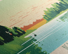 Load image into Gallery viewer, Big Barbee Lake Indiana Framed Canvas Print, Panoramic Travel Poster, Midcentury Modern Wall Art, Pop Art, Nature Living Room Art, Lake House Decor