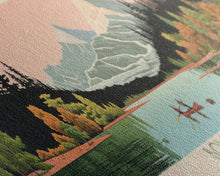 Load image into Gallery viewer, Bowman Lake Montana Framed Canvas Print, Panoramic Wall Art, Midcentury Modern, Pop Art, Travel Poster, Scenic Living Room Art, Lake House Decor