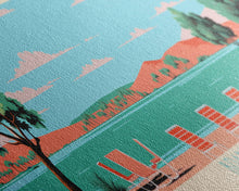 Load image into Gallery viewer, Brantley Lake New Mexico Framed Canvas Print, Midcentury Modern Panoramic Wall Art, Living Room Decor, Pop Art, Travel Poster Art, Scenic Nature Painting