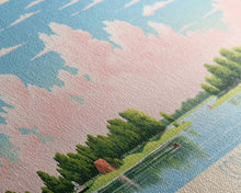 Load image into Gallery viewer, Coralville Lake Iowa Framed Canvas Print, Midcentury Modern Panoramic Wall Art, Living Room Decor, Pop Art, Travel Poster Art, Scenic Nature Painting, Lake House Decor