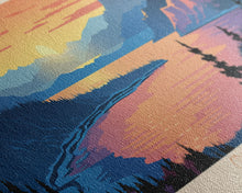 Load image into Gallery viewer, Crater Lake Oregon Framed Canvas Print, Pop Art Panoramic Travel Poster, Midcentury Modern, Wall Art, Scenic Nature Painting, Bedroom Decor, Living Room Art