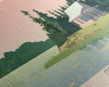 Load image into Gallery viewer, Crean Lake Saskatchewan Framed Canvas Print, Midcentury Modern Panoramic Wall Art, Living Room Decor, Pop Art, Travel Poster Art, Scenic Nature Painting, Lake House Decor