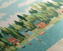 Load image into Gallery viewer, Crooked Lake Indiana Framed Canvas Print, Midcentury Modern Panoramic Wall Art, Living Room Decor, Pop Art, Travel Poster Art, Scenic Nature Painting, Lake House Decor