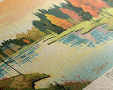 Load image into Gallery viewer, Crystal Lake Connecticut Framed Canvas Print, Pop Art Panoramic Travel Poster, Midcentury Modern, Wall Art, Scenic Nature Painting, Bedroom Decor, Living Room Art