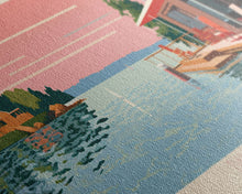 Load image into Gallery viewer, Dallas Lake Indiana Framed Canvas Print, Midcentury Modern Panoramic Wall Art, Bedroom Decor, Pop Art, Travel Poster Art, Scenic Nature Painting