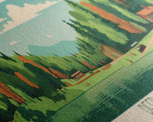 Load image into Gallery viewer, Deep Creek Lake Maryland Framed Canvas Print, Midcentury Modern Panoramic Wall Art, Bedroom Decor, Pop Art, Travel Poster Art, Scenic Nature Painting