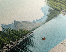 Load image into Gallery viewer, Donner Lake California Framed Canvas Print, Midcentury Modern Panoramic Wall Art, Bedroom Decor, Pop Art, Travel Poster Art, Scenic Nature Painting