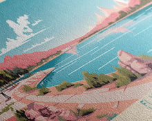 Load image into Gallery viewer, El Vado Lake New Mexico Framed Canvas Print, Panoramic Art, Midcentury Modern, Pop Art, Bedroom Decor, Travel Poster, Serene Lake Art