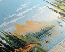 Carregar imagem no visualizador da galeria, Flathead Lake Montana Framed Canvas Print, Panoramic Wall Art, Midcentury Modern, Pop Art, Bedroom Decor, Travel Poster, Nature Painting, Artistic Decor