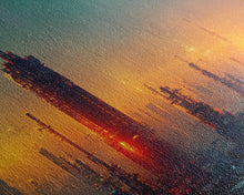 Load image into Gallery viewer, Cyberpunk city canvas art, video game concept art, living room wall art, dystopian art, outrun style city at sunset, man cave wall art