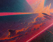 Load image into Gallery viewer, Cyberpunk lake art, city canvas, video game concept art, living room wall art, dystopian art, outrun city at sunset, man cave canvas print
