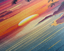 Cargar imagen en el visor de la galería, Coastal Sunset Palm Trees Midcentury Modern Art - Framed Canvas Print, Boho Art, Skinny Art, Living Room Art, Bedroom Decor, Tropical Landscape