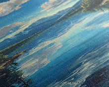 Carregar imagem no visualizador da galeria, Framed Canvas Print Skinny Art of a Clear Lake Surrounded by Pine Trees with Majestic Mountains in the Distance Under a Blue Sky, Ideal Tall Landscape Art