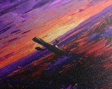 Cargar imagen en el visor de la galería, Colorful Sunset Over a Desert Landscape with a Saguaro Cactus and Dramatic Sky on a Framed Canvas Print Skinny Art Piece