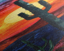 Load image into Gallery viewer, Desert Landscape with Saguaro Cactus Silhouette Against a Fiery Sunset on a Framed Canvas Print Skinny Art Piece