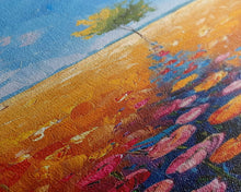 Cargar imagen en el visor de la galería, Colorful Wildflowers in a Field with a Lone Tree Under a Bright Blue Sky on a Framed Canvas Print Tall Art Piece