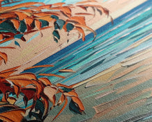 Carregar imagem no visualizador da galeria, Expressive Coastal Shoreline Landscape in Blue and Orange, Abstract Painting on Framed Canvas Print, Perfect for Beach-Themed Wall Art