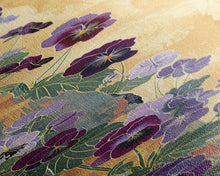 Load image into Gallery viewer, Deep Purple Pansy Flowers Against Textured Gold Background on Tall Vertical Canvas Print for Rich Floral Wall Decor
