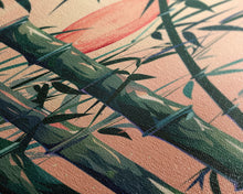 Carregar imagem no visualizador da galeria, Framed Canvas Print Of Bamboo Stalks And Red Sun, Traditional Japanese Style Wall Art Ready To Hang For Asian Inspired Decor