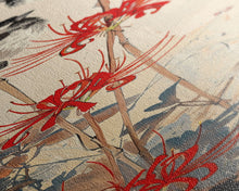 Load image into Gallery viewer, Blossoming Pink Flowers Bold Red Accents Skinny Art Tall Art Framed Canvas Print Japanese Style Art Ukiyo-e Art Wood Block Print Feminine