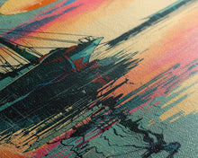 Carregar imagem no visualizador da galeria, Fishing Boat Reflecting in Water with Vibrant Sunset, Japanese Art-Inspired Tall Framed Canvas Print for Wall Art