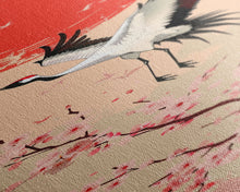 Load image into Gallery viewer, Elegant Crane Bird In Mid-flight Against Bold Red Sun Ukiyo-e Tall Skinny Wood Block Framed Canvas Print Japanese Style Art