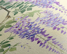 Cargar imagen en el visor de la galería, Cascading Wisteria Blossoms in Shades of Purple and Green - Skinny Art, Japanese Wall Decor, Framed Canvas Print, Ukiyo-e Style