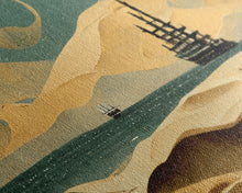 Load image into Gallery viewer, Art deco canvas print, pirate ship at sea beyond the sand dunes, living room wall art