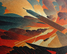 Load image into Gallery viewer, Dystopian metropolis canvas print, ready to hang wall art, art deco sunset, 1930s architecture, living room art, art nouveau