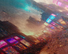 Load image into Gallery viewer, Destitute cyberpunk city with neon signs wall art, Bladerunner vibes art, synthwave style art, cool wall art