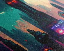 Load image into Gallery viewer, cyberpunk city pixel art canvas print, wall art, Bladerunner vibes art, synthwave style art, cool wall art