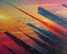 Load image into Gallery viewer, Dystopian Cyberpunk canvas print, cyber punk city at sunset, Bladerunner vibes art, synthwave style art, cool wall art, night city