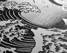 Load image into Gallery viewer, Beautiful Black and White Ocean Wave Wall art, Framed Canvas Print, Retro Japanese Inspired Hokusai Style Wave Art