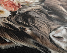 Carregar imagem no visualizador da galeria, Framed Highland Cow With Flowers Painting canvas print Farmhouse art Cattle Wooden background Country wall art Cow print Rustic Wall Art