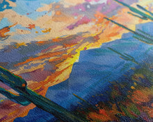 Carregar imagem no visualizador da galeria, Cactus Under A Beautiful Sunset, Pop Art Style, Mid Century Modern Framed Canvas Print or Metal Art, Desert Scene Wall Art, Abstract Desert