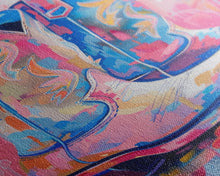Load image into Gallery viewer, Blue and Pink Cowboy Boots with Floral Background - Framed Canvas Print, Rustic Western Wall Art, Vibrant Boot Art for Home Decor