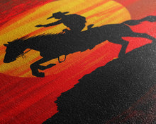 Load image into Gallery viewer, Dynamic Cowboy Horse Ride Silhouette at Sunset | Framed Canvas Print | Western Wall Art | Sunset Horseback Wall Art for Home Decor